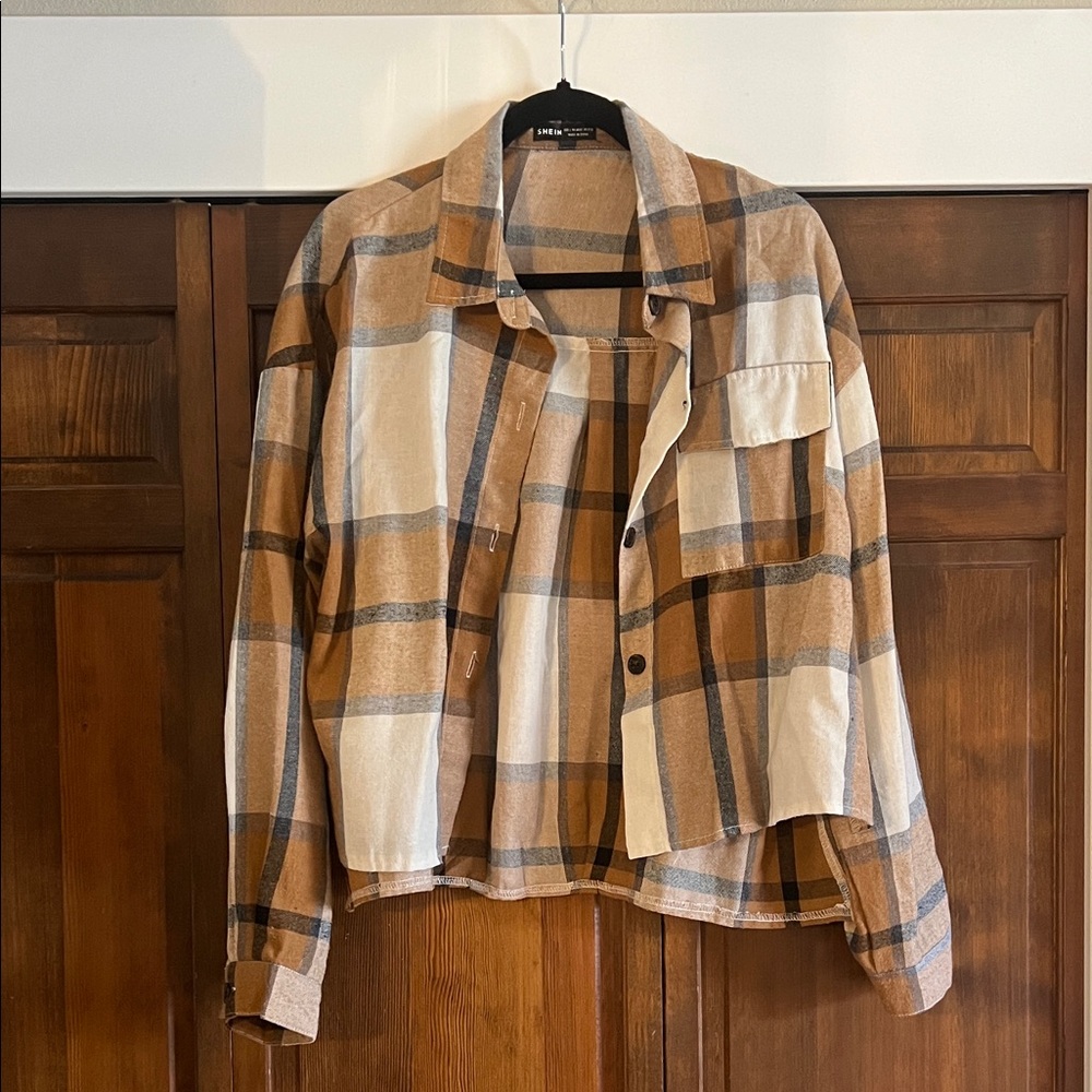 SHEIN Plaid Button-Front Utility Shacket in Tan and Cream